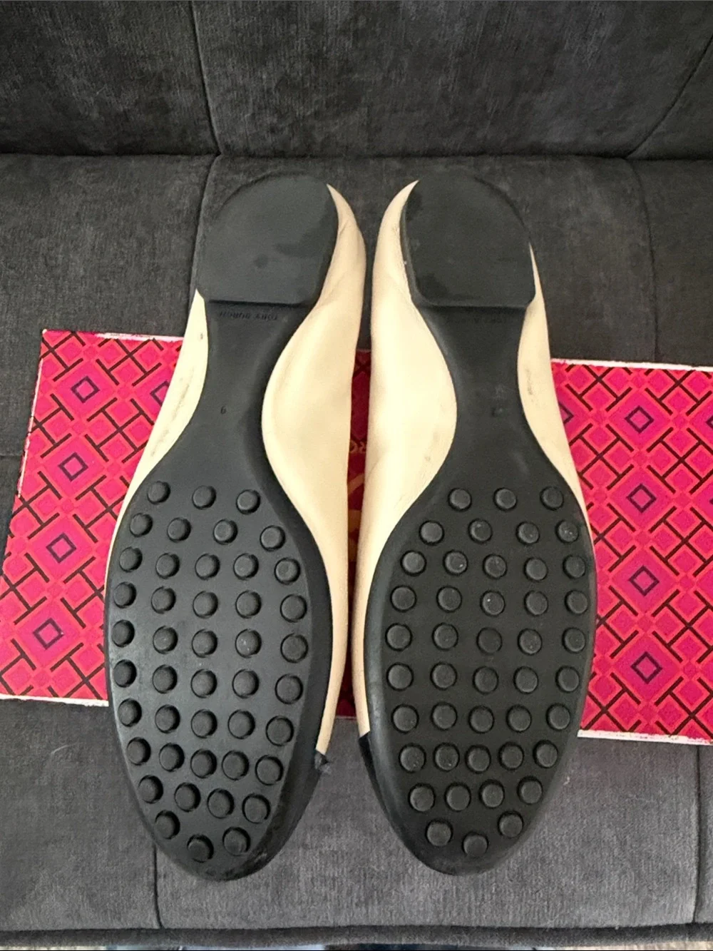 Tory Burch Two-Tone Beige and Black Logo Ballet Flats